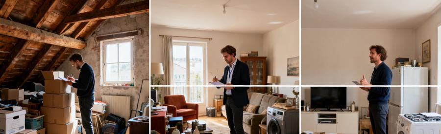 Un professionnel examine un grenier rempli de cartons pendant qu'un autre évalue un appartement T4 meublé à Poitiers.