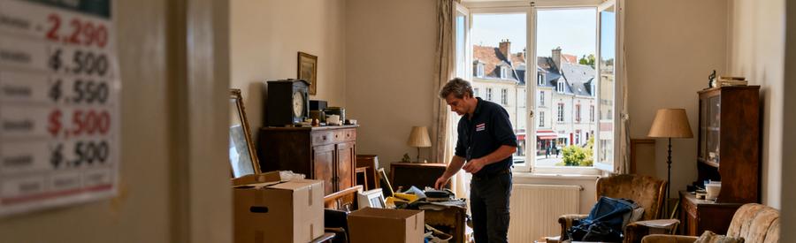 Un débroussailleur examine un salon encombré à Laval, avec un quartier typique en arrière-plan.
