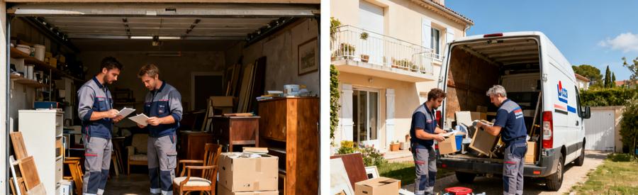 Debarrasseurs professionnels inspectant des objets à Pessac et chargeant une camionnette, illustre le service de débarras.