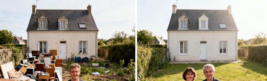 Comparaison de deux maisons identiques dans le Calvados, l'une encombrée, l'autre vide pour illustrer les critères de tarification.