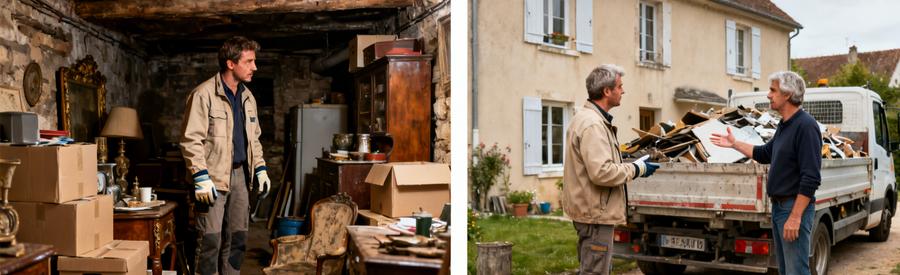 Scène de débarras à Saint-Cyr-sur-Loire, évaluation d'une cave et discussion avec le client devant un camion.