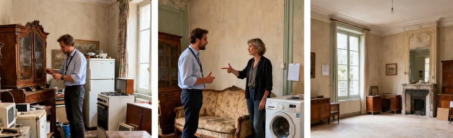 Professionnel inspectant et évaluant des objets dans un salon à Vienne, montrant l'option de débarras gratuit.