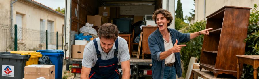 Professionnel et client discutant d'un débarras à Alès, objets encombrants en arrière-plan.