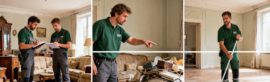 Professionnels évaluant des objets à évacuer dans un salon à Béthune, montrant le processus de débarras.