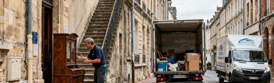 Professionnels du débarras à Charleville-Mézières, évaluant des objets devant un immeuble historique.