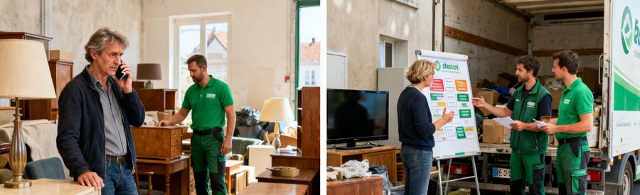 Client avec débarras au téléphone et comparant avec deux professionnels à Béthune, ambiance d'évaluation et de décision.