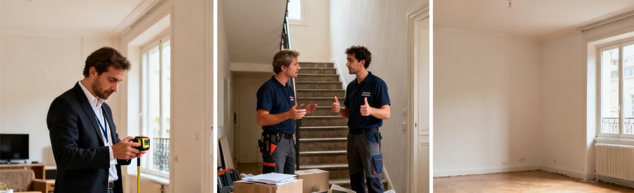 Professionnels évaluant un appartement pour le débarras à Châlons-en-Champagne, montrant étape par étape le processus avant/après.