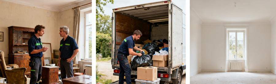 Deux professionnels évaluent des objets avant débarras, une camionnette chargée et une pièce vide et claire.