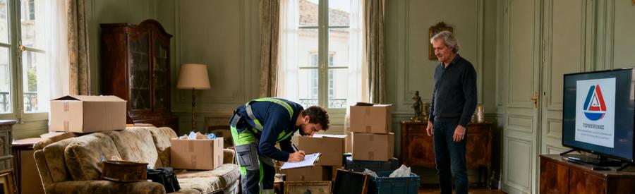 Un professionnel examine des objets encombrants dans un salon à Nevers, offrant son expertise pour le débarras.