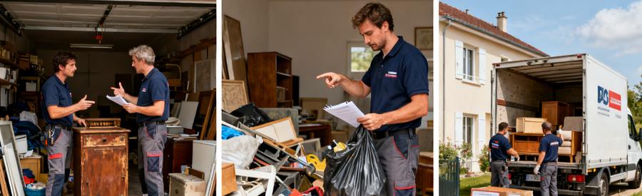 Deux professionnels du débarras discutent et comparent des objets à débarrasser à Angoulême, illustrant l'importance de comparer les offres.