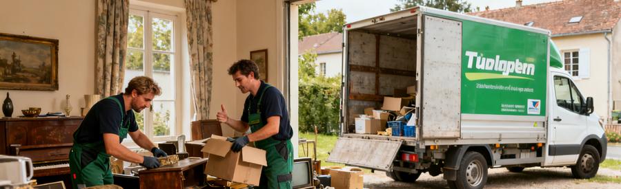 Deux professionnels trient des objets dans un salon encombré à Belfort, montrant l'importance du service de débarras.