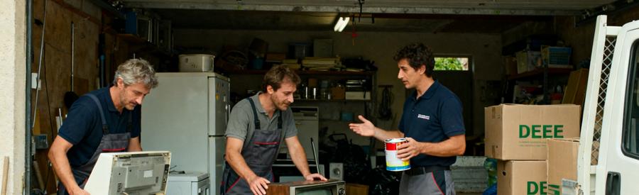 Deux Professionnels Debarras Ecoresponsable Deux débarras professionnels trient appareils électroniques et déchets dangereux pour un traitement écoresponsable.