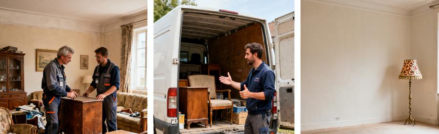 Deux professionnels évaluent des meubles avant le chargement dans une camionnette, puis un salon vide après débarras à Épinal.