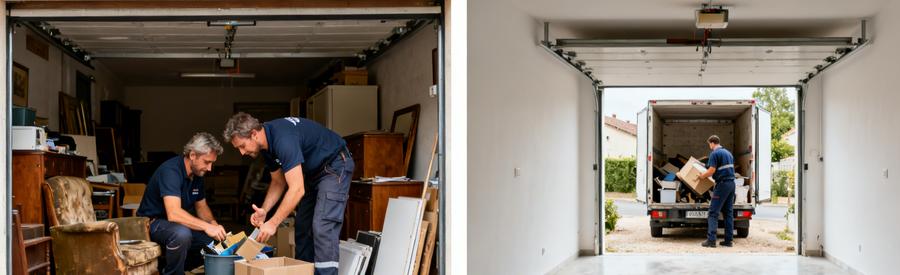 Professionnels en train de trier dans un garage encombré à Cahors, puis garage vide et propre après débarrassage.