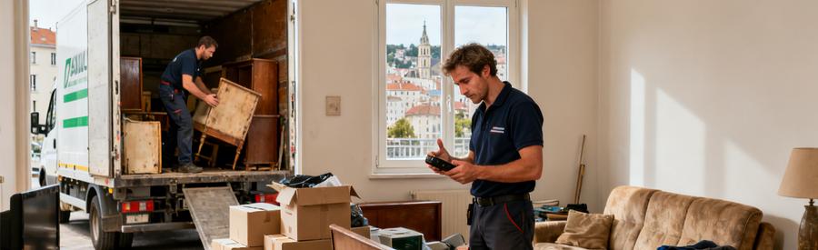 Un professionnel du débarras examine des objets dans un salon encombré à Saint-Étienne, avec un autre collègue chargeant un camion.
