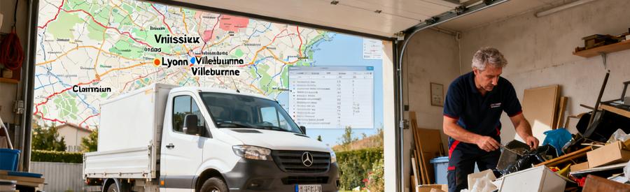 Deux professionnels du débarras à Saint-Priest inspectant des objets dans un garage, avec une camionnette en arrière-plan.