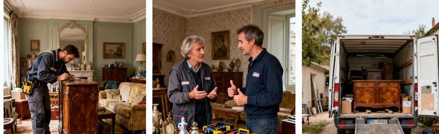 Deux professionnels évaluent des objets de valeur pour un débarras à Verdun, avec un salon propre et des meubles chargés.