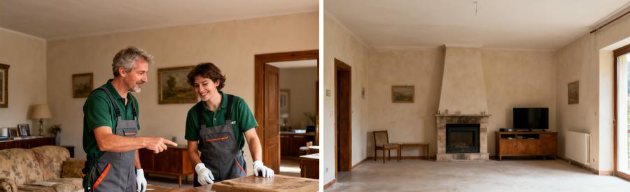 Comparaison de deux professionnels du débarras dans un salon, avant et après leur intervention.