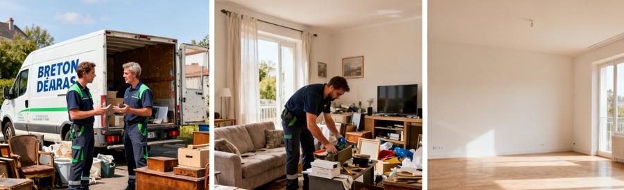 Professionnels discutant d'un débarras à Vitré : tri, rangement et nettoyage avant/après le service.