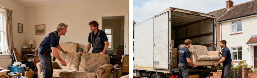 Deux professionnels évaluent un canapé dans un salon, puis le chargent dans leur camionnette, montrant une intervention soignée.