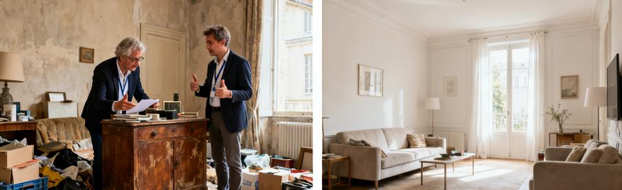 Deux professionnels évaluent des objets dans un salon désordonné et le même salon après débarras totalement dégagé.
