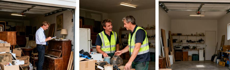 Professionnels évaluant des objets avant le débarras dans un garage, montrant le processus de mise en état.
