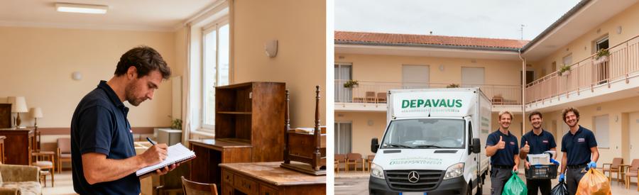 Évaluation de meubles dans une maison pour un débarras avant départ en maison de retraite, puis chargement d'objets récupérés.