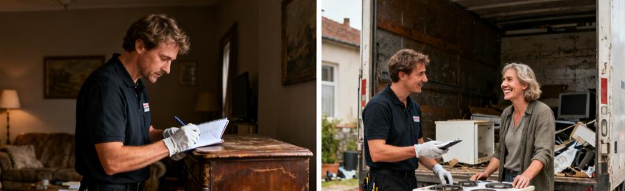 Professionnels évaluant des objets pour un débarras efficace, mettant en avant la valeur de revente.