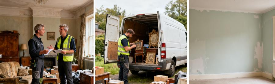 Deux débarras professionnels évaluant des objets dans un salon, suivi de la camionnette chargée et d'un salon vide après le débarras à Blagnac.