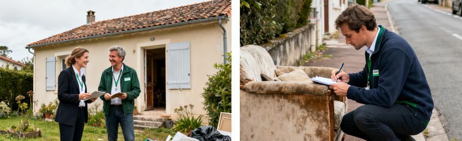 Deux professionnels du débarras dans les Landes évaluent des objets à débarrasser devant une maison.
