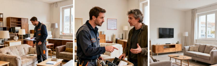 Un professionnel évalue des objets dans un salon avant d'effectuer le débarras, montrant l'importance d'une bonne évaluation.