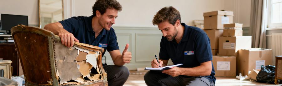 Deux professionnels en train d'évaluer des meubles à débarrasser dans un salon à Blois, avec cartons en arrière-plan.