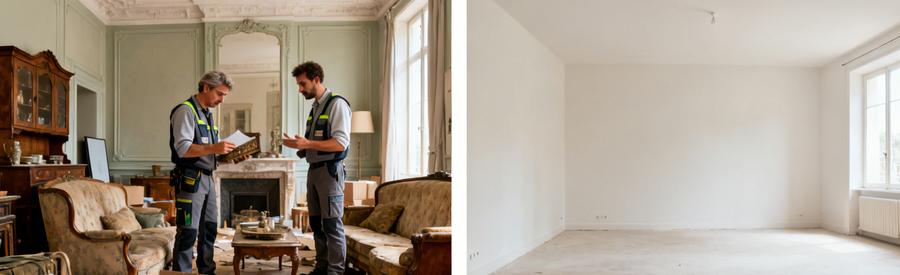 Professionnels évaluant des objets dans un salon encombré, puis salon après débarras montrant un espace vide et propre.