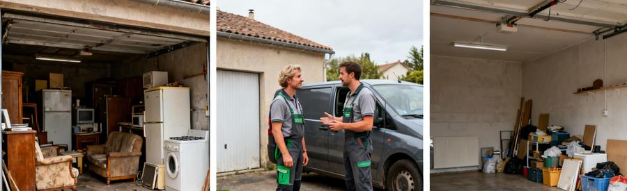 Deux débarras professionnels évaluent un garage, discutent des options, et montrent un espace dégagé.