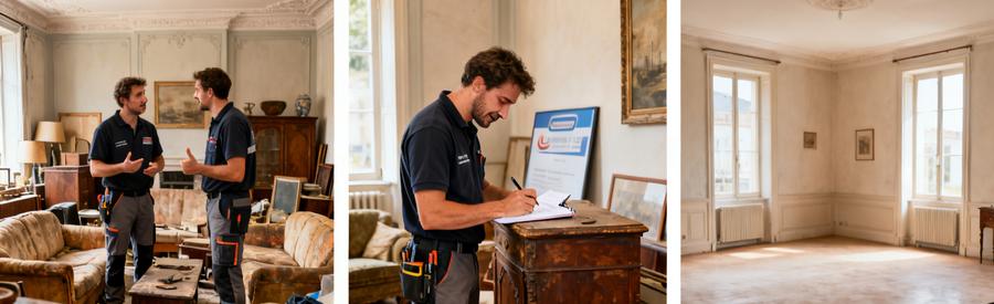 Deux débroussailleurs évaluent un salon avant de réaliser un débarras, suivi par la pièce vide après l'intervention.