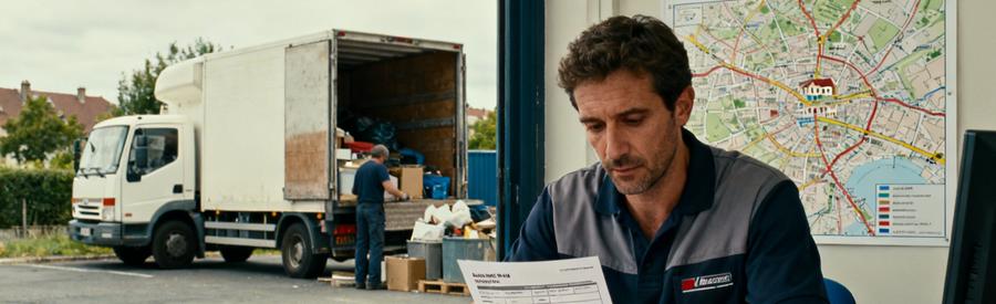 Un professionnel du débarras à Rillieux-la-Pape examine un formulaire de demande et un camion est prêt à charger.
