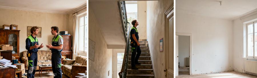 Deux débarrasseurs discutent dans un appartement encombré à Vertou, montrant le processus de débarras professionnel.