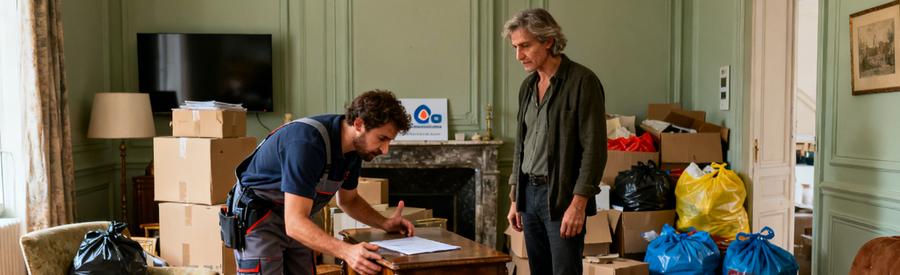 Un professionnel du débarras évalue des objets dans un salon encombré à Pau, montrant expertise et compétence.
