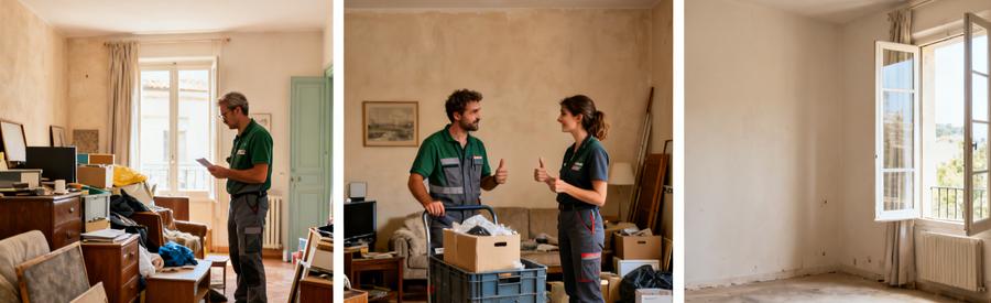 Deux professionnels du débarras évaluent des meubles dans un appartement à Aubagne, puis montrent un espace dégagé après leur intervention.