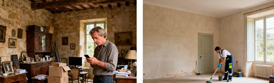 Avant/Après d'un débarras de maison en Dordogne, montrant un héritier préoccupé et un espace vidé par des professionnels.