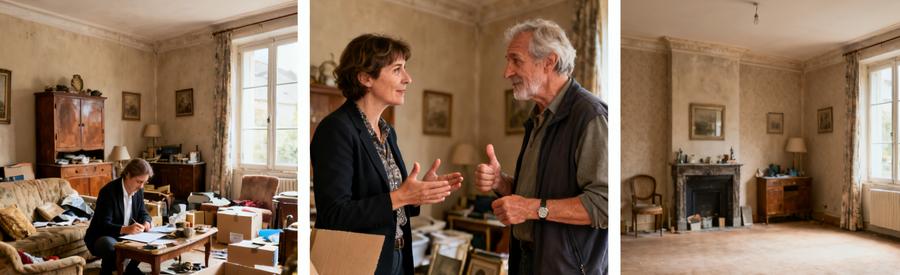 Scène avant/après d'un débarras à Hérouville-Saint-Clair, illustrant les étapes de tri, de discussion et de nettoyage.