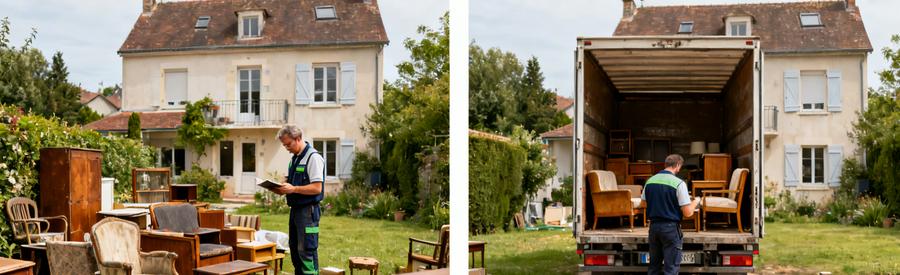 Comparaison d'un jardin encombré à Saint-Cyr-sur-Loire avant et après le débarras, mettant en avant l'expertise des professionnels.