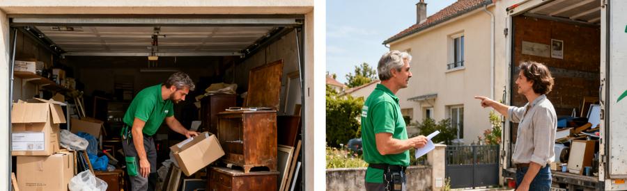 Comparaison entre deux débarras professionnels inspectant différents espaces, un garage et une maison, avant de faire un devis.