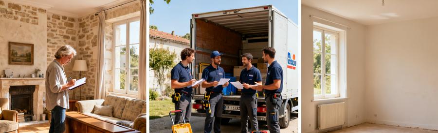 Débarras en trois étapes : propriétaires évaluant, professionnels discutant, salon vide et dégagé.
