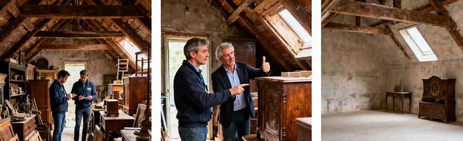 Débarras professionnel dans un grenier à Roanne, montrant évaluation, discussion et espace dégagé.