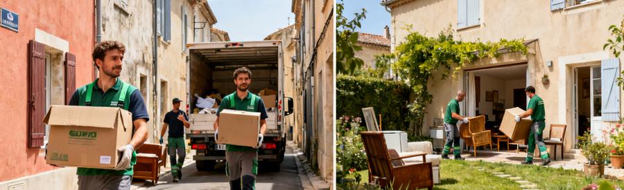 Professionnels du débarras dans une ruelle de La Garde, chargement de meubles et cartons dans un camion.