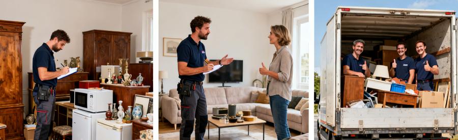 Un professionnel effectue une évaluation d'objets dans un salon encombré et discute des options avec un client.