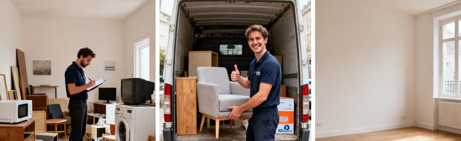 Professionnels inspectant et débarrassant un studio à Sélestat, montrant avant et après de l'espace nettoyé.