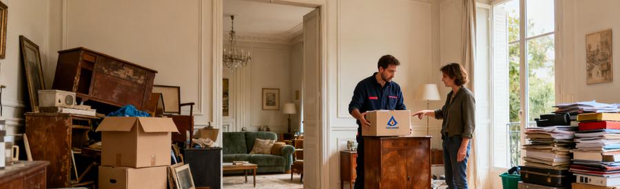 Un professionnel et un client trient des objets dans une pièce à Talence, préparant un débarras efficace.