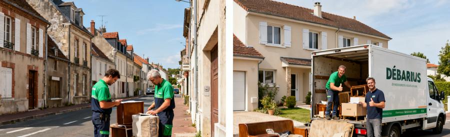 Professionnels du débarras à Vierzon, inspectant des objets et chargeant des meubles dans un camion.